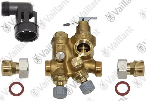Vaillant Bauteile für Heizsystem, bestehend aus einem zentralen Ventilblock, verschiedenen Anschlussstücken und Dichtungen.